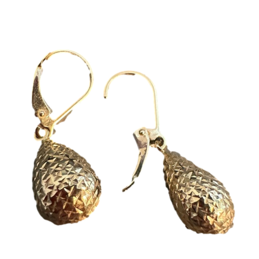 14K Gold Teardrop Fishhook Earrings Hammered